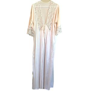 WOMEN’S Ivory Cream Silky Lace Glam Full Length Bridal Tie Robe